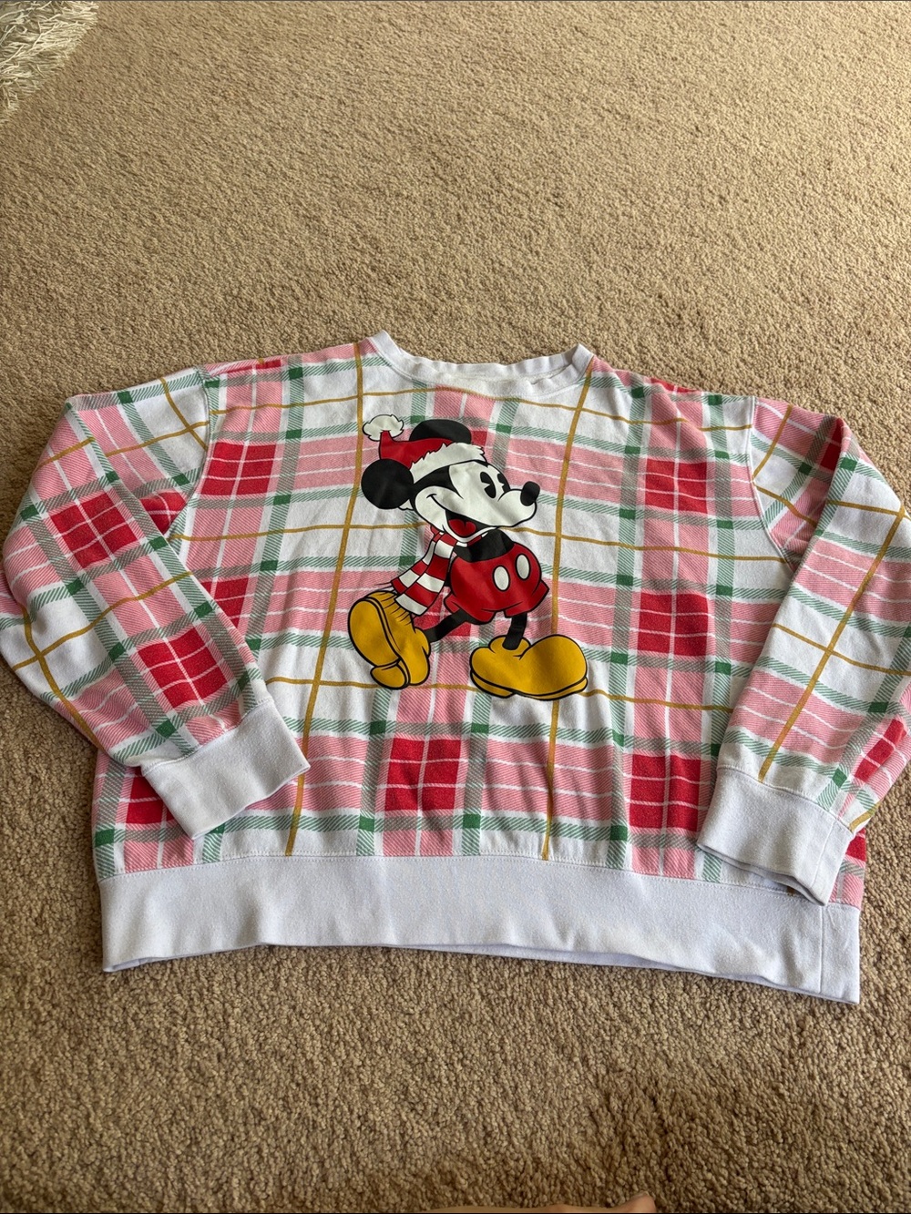 Disney Plaid Mickey Mouse Holiday Crewneck - Pink, Red, Yellow, Green